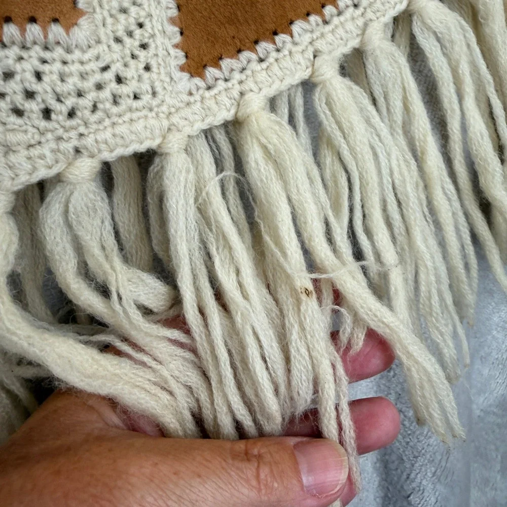 Vintage Patchwork Poncho  Wool Suede Cream Tan Fringe Boho M